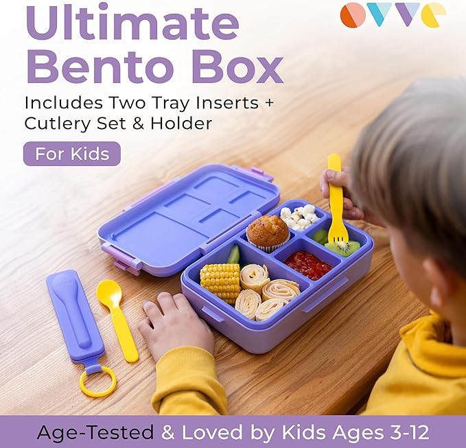 ovve® Ultimate Kids Bento Box & Cutlery Set - Leakproof Lunch Box for Kids with Interchangeable Inserts, BPA-Free, Dishwasher & Microwave Safe - Lunch Containers for School & Preschool (Purple)