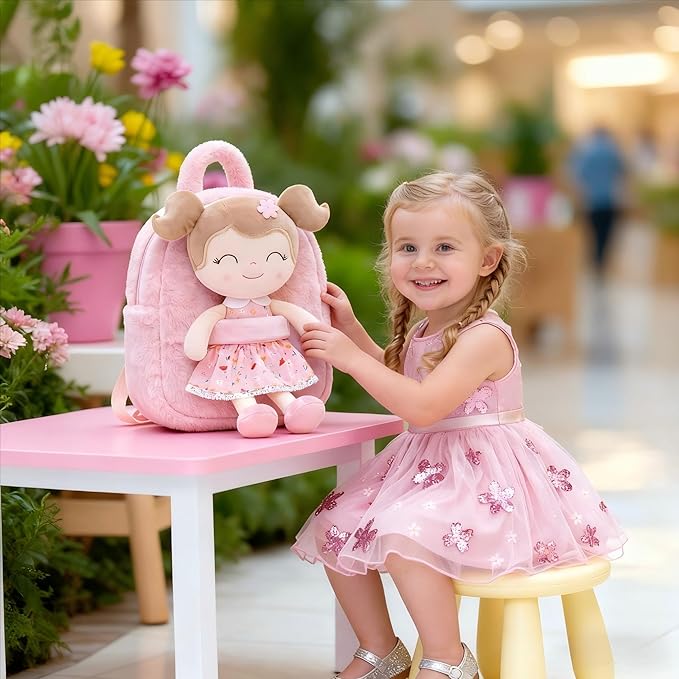 Gloveleya Kids Backpacks Girls Backpack Plush Bags Diaper Bag Backpack with Floral Doll Pink