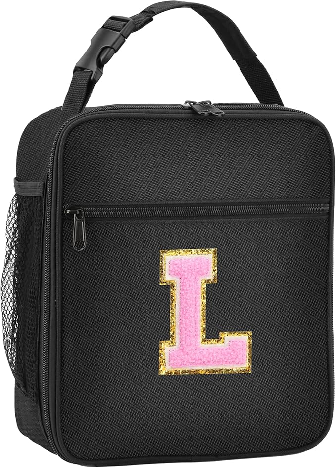 Initial Insulated Lunch Bag, Lunch Box with Initial Letter Patch for Teen Adult, Reusable Lunch Bag for Men Women, Ideal Back to School Gift Birthday Gift, Pink L