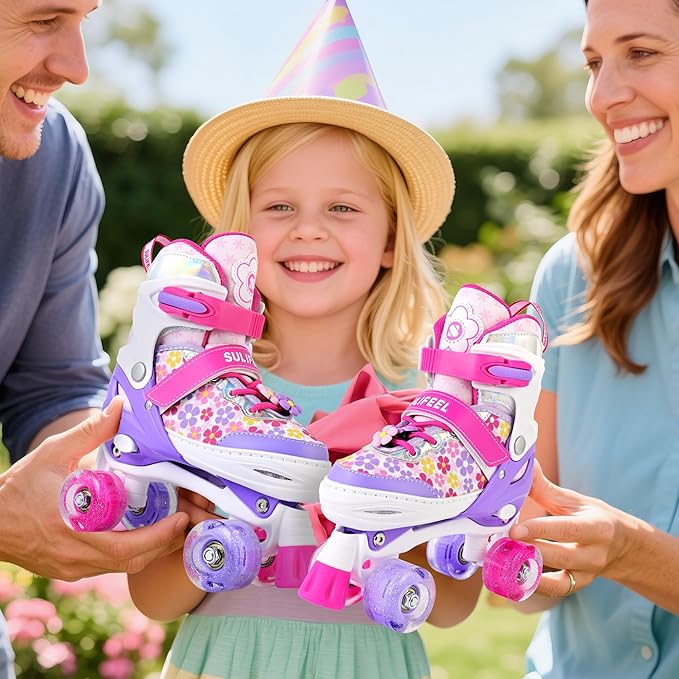 SULIFEEL Rainbow Unicorn 4 Size Adjustable Light up Roller Skates for Girls Boys for Kids