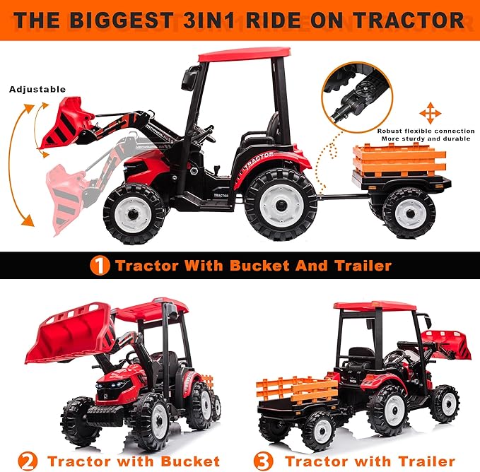 Kidsera 24V Kids Ride on Tractor with Trailer & Front Loader, 3 In1 Tractor 4-Gearbox 24volt Dual Motors Metal Frame, 24V Ride on Toys for Big Kids, Power Wheels Kids Electric Vehicles (Red)
