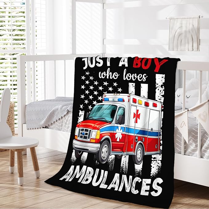 Ambulance Blanket for Boys - 30x40 Inches Cute Throw Blanket Gifts for Kids Truck Lovers - Black Soft Fuzzy Car Blankets for Sofa Couch Bed - Ambulance Stuff