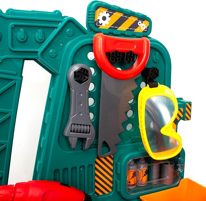 Amazon Basics Kids Workbench Construction Toy Tool Set Playset with 80 Pieces Including Tools, Accessories, Play Helmet & Play Safety Goggles, for Kids Ages 3 and Up, Multicolor, Medium