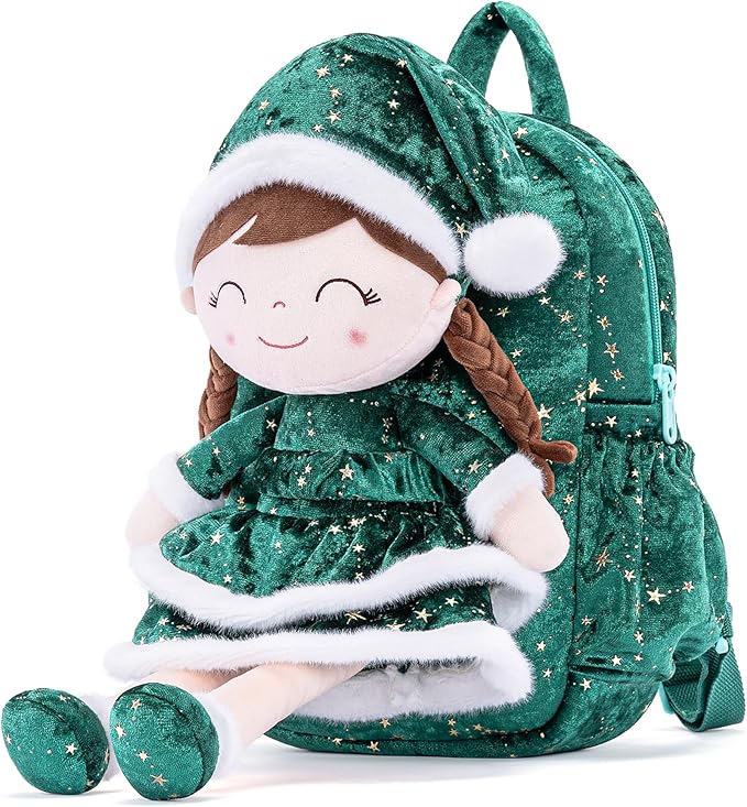 Gloveleya Plush Backpacks Toddler Backpack Removable Doll and Backpack Baby Girl Gifts for 2 to 8 Years Girl Birthday Gifts with Green Doll
