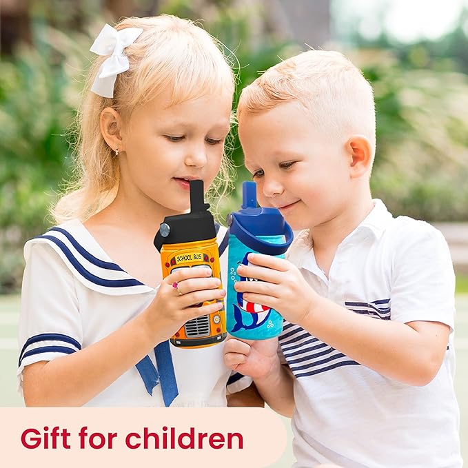School Bus Water Bottle - Kids Water Bottle with Straw Lid - 12 Oz Insulated Stainless Steel Water Bottles for Kid Boys - Travel Cup for School Sports