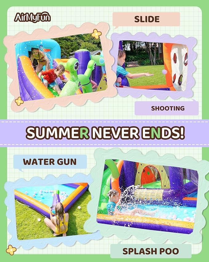 AirMyFun Water Bounce House Inflatable Water Slide Park for Kids Aged 3-10 with Long Slide, Water Gun and Ball Pool Play House for Outdoor Backyard