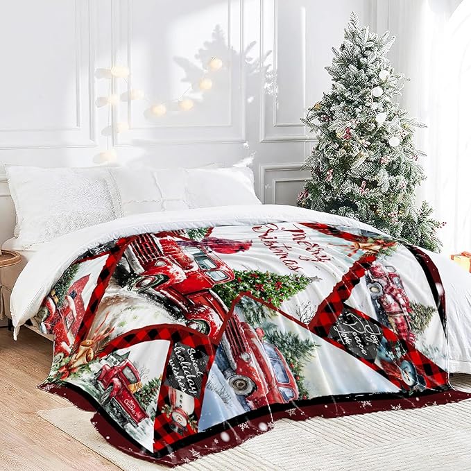 Christmas Truck Blanket for Kids, Truck Decor Fleece Blanket Gifts for Boys Girls, Warm Cozy Soft Flannel Christmas Stuff for Bed Sofa Couch 50" x 40"