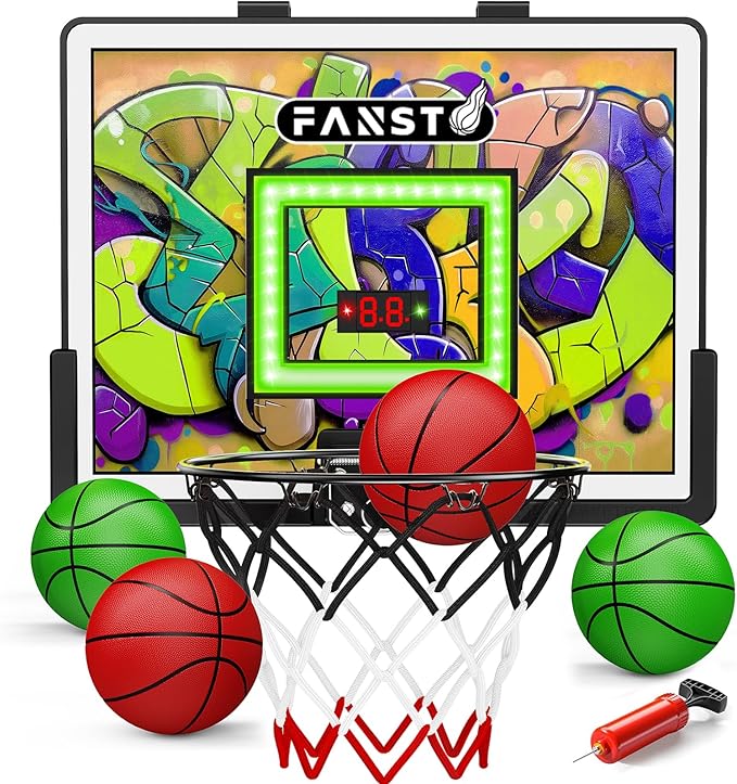 Over The Door Basketball Hoop, Basketballs Hoops Indoor for Kids with LED Cheering, Anti-Impact, 2 Game Mode& Mute Mode, Mini Hoops Door Slam Toy with 4 Ball for 5 6 7 8 9 10 11 12 Old Boys