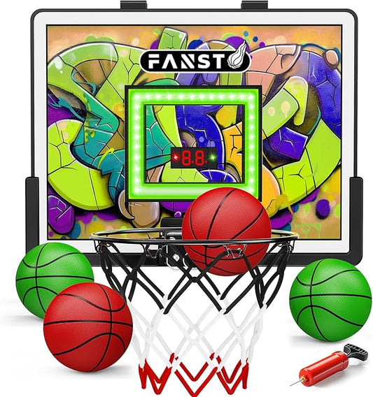 Over The Door Basketball Hoop, Basketballs Hoops Indoor for Kids with LED Cheering, Anti-Impact, 2 Game Mode& Mute Mode, Mini Hoops Door Slam Toy with 4 Ball for 5 6 7 8 9 10 11 12 Old Boys
