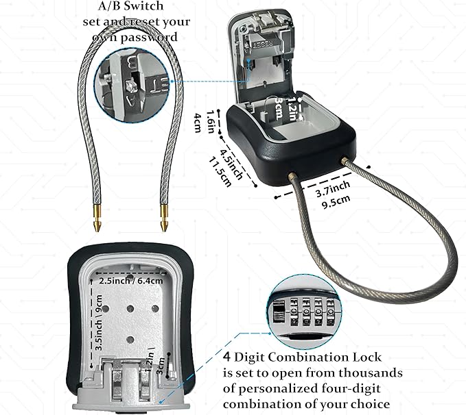 Iron Lock® Portable Key Lock Box and Wall Mounted with Removable Cable Shackle Outdoor Waterproof 4 Digit Combination with Resettable Code with A B Switch Key Lockbox for Outside (Medium, Grey)