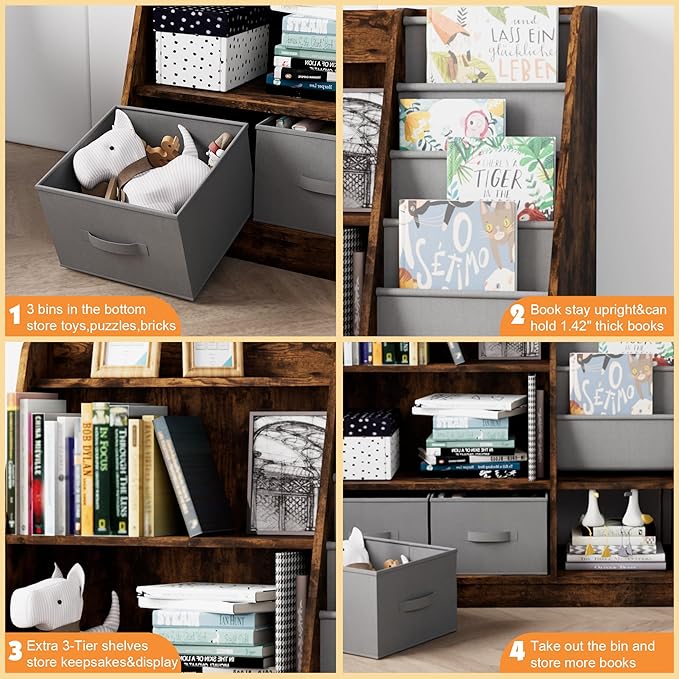 Rustic Kids Bookshelf Wood Montessori Toy Storage Organizer Cabinet Shelf Child Bookcase Toddler Baby Sling Book Rack 3 Cube Bin Fabric Drawers for Playroom Bedroom Nursery School