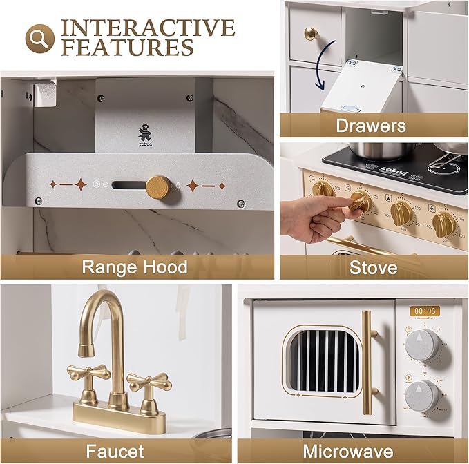 ROBUD Wooden Play Kitchen Set for Kids and Toddlers with Coffee Machine, Ice Maker, Microwave, Oven, Large Cabinet, 12 Accessories, Gift for 3+, White