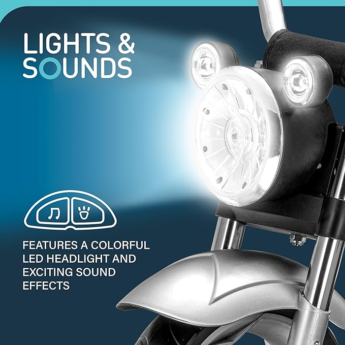 Toddler Kids Tricycle for 2-4 Year Olds - Motorcycle Style Trike W LED Headlight, Tassels & Rear Storage, Gift for Boys & Girls (White)