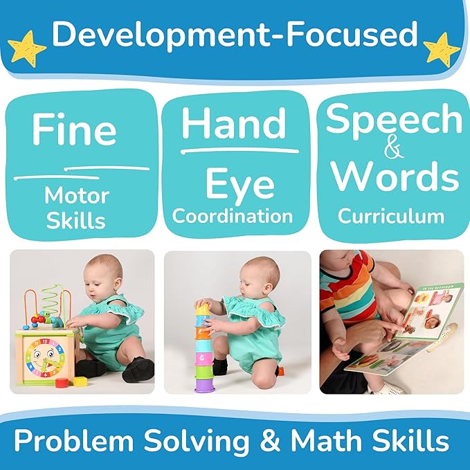 Wooden Kids Baby Activity Cube - Boys Gift Set | One 1, 2 Year Old Boy Gifts Toys | Developmental Toddler Educational Learning Boy Toys 12-18 Months | Bead Maze, First Birthday Gift