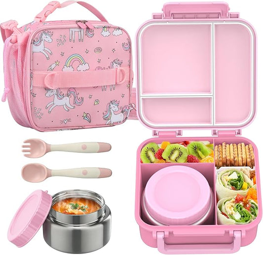 Bento Lunch Box Set for Kids with 9oz Soup Thermo, Insulated Lunch Bag,Leak-proof BPA-free Lunch Food Container with 3-4 Conpartments for School Travel-Pink