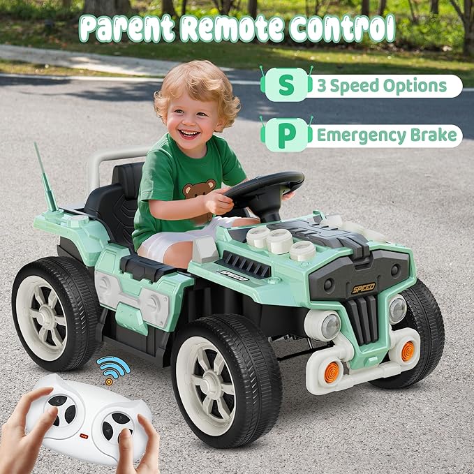 ANPABO 12V Ride On Truck Car with Remote Control, Kids Electric Car with Bluetooth Music, Horn, 3 Speeds, LED Lights, Soft Start, Ride on Toys for Toddler Boys & Girls (Green)