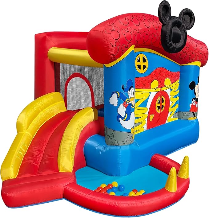 Funormous Disney Mickey Mouse Bounce House with Slide, Indoor Outdoor Inflatable Bouncy Castle Funhouse Ball Pit Plus Heavy Duty Air Blower