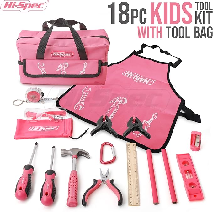 Hi-Spec 18pc Pink Kids Tool Kit Set & Child Size Tool Bag. Real Kit for DIY Building, Woodwork & Construction