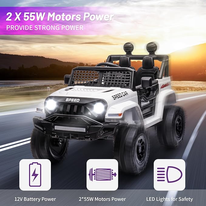 12V Ride On Car, Electric Car for Kids, Ride on Toys, Kids Cars with 3 Speeds Adjustable, Bluetooth, Parent Remote Control, Spring Suspension, AUX Port-White