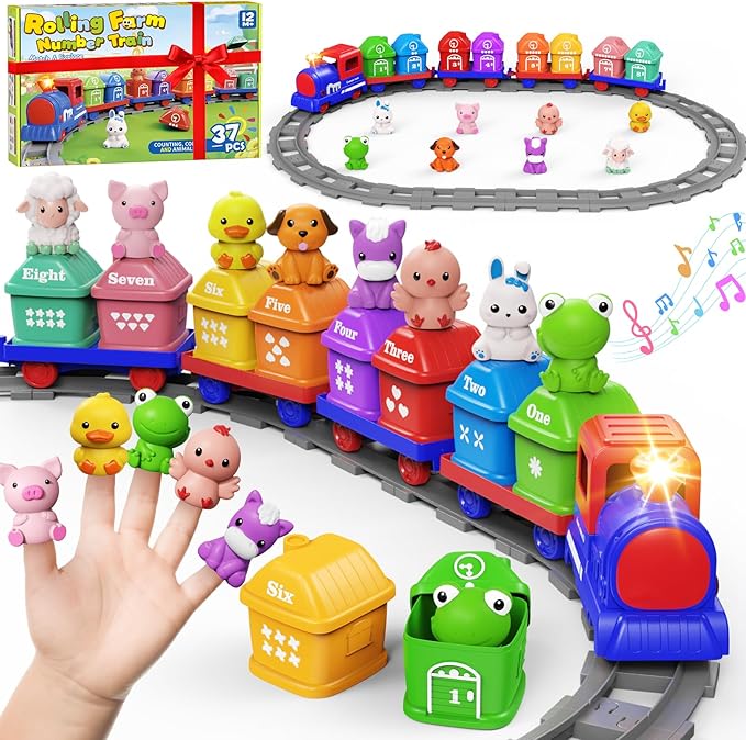 Train Set for Toddlers & Kids Boy -Montessori Counting Matching & Sorting Activity Train Set Learning Toys with Farm Animals, Finger Puppets, Tracks Music, Preschool Toy Birthday Gift for Boy Girl