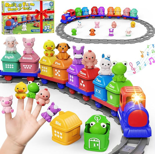 Train Set for Toddlers & Kids Boy -Montessori Counting Matching & Sorting Activity Train Set Learning Toys with Farm Animals, Finger Puppets, Tracks Music, Preschool Toy Birthday Gift for Boy Girl