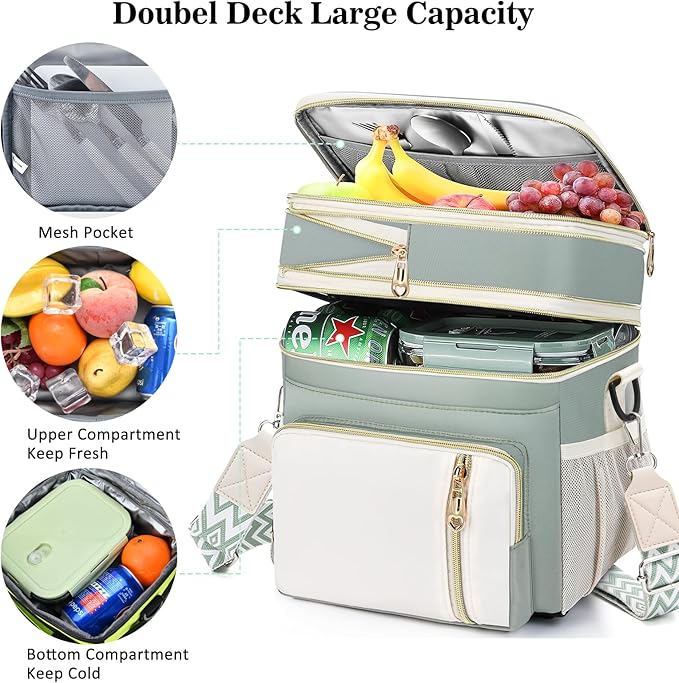 LOKASS Lunch Box & Lunch Bag for Women Men Double Deck,Large Insulated Adult Lunch Box Leakproof Lunchbox Cooler Bag for Work Picnic Beach,（Olive Green16L）