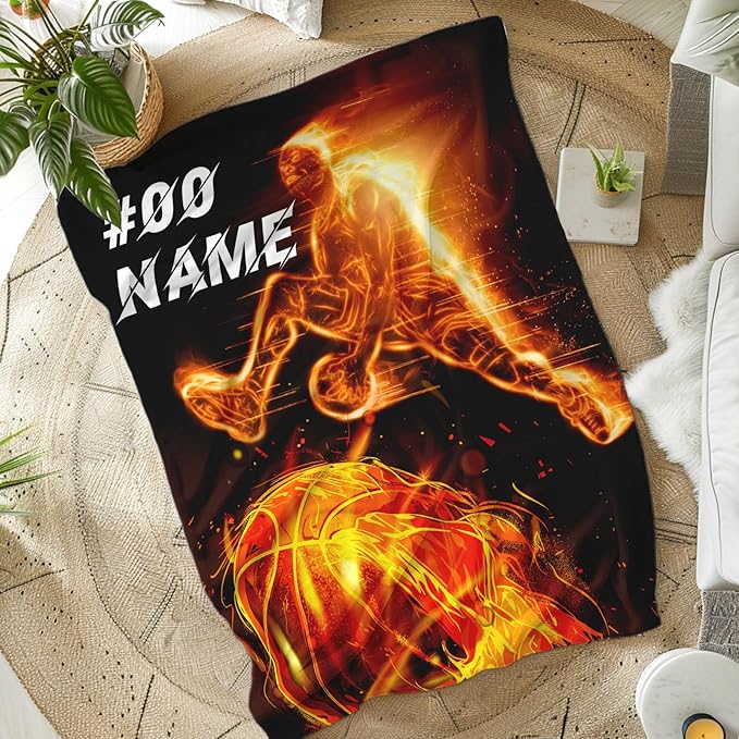 Custom Blanket with Name, Basketball Blankets for Boys Men, Gifts for Birthday, 60 x 50 Inches Soft Fuzzy Throws, Gift for Basketball Lovers, Warm Flannel Throw for Bed Sofa Room Decor, Travel
