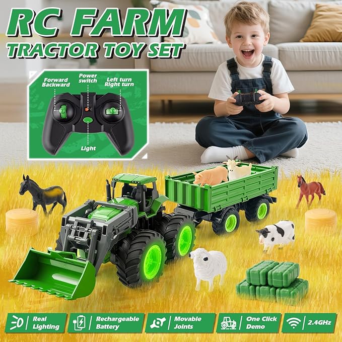 Remote Control Tractor Toy Set with Trailer & Farm Accessories, Light Up Farm Truck Toys for Boys & Girls 3, 4, 5, 6, 7 Year Old, 2.4 Ghz RC Tractor Toys, Ideal Christmas, Birthday Gifts for Kids