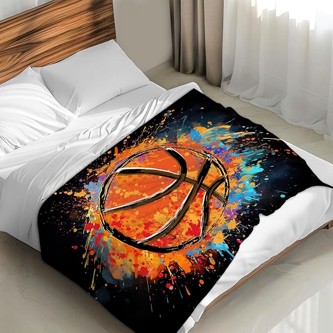 Blanket for Boys Men- Basketball Throw Blanket Gift for Basketball Lover - 60x50 Inches Sports Blankets for Kids Teens Adults - Black Soft Fuzzy Basketball Stuff for Couch Sofa Bed