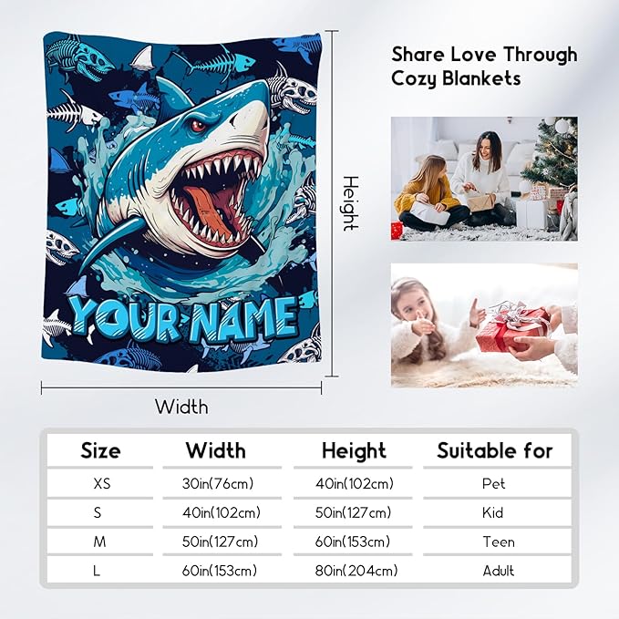 Personalized Shark Blanket - Throws Gifts for Boys - Custom Flannel Cozy Blankets for Living Room, Office - 4 Size