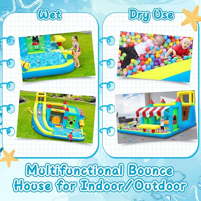 FBSPORT Inflatable Bounce House Water Slide, Bounce House for Kids with Toy Market Stand Splash Pool Bouncer Climbing Wall Water Gun Ball Dart, Bouncy Castle W/620W Blower for Outdoor Indoor, Green