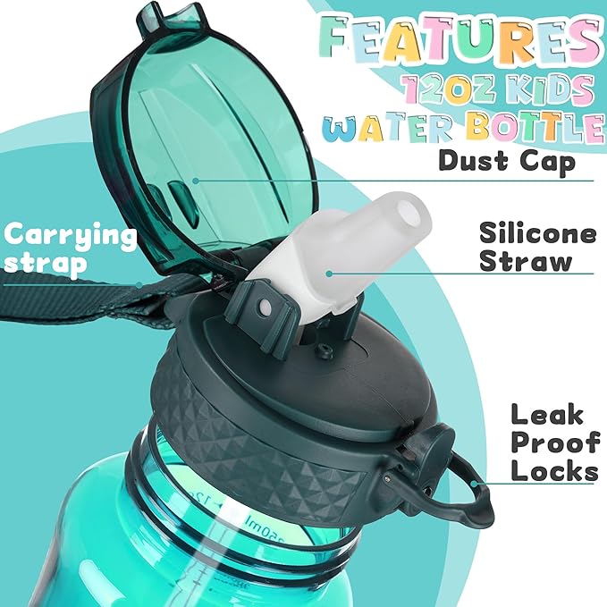 OLDLEY 12oz Kids Water Bottle for school Girls Boys, Motivational Water Bottles With Silicone Straw, Leak-Proof Tritan BPA-Free, Reusable water bottles for kids, Trout Green