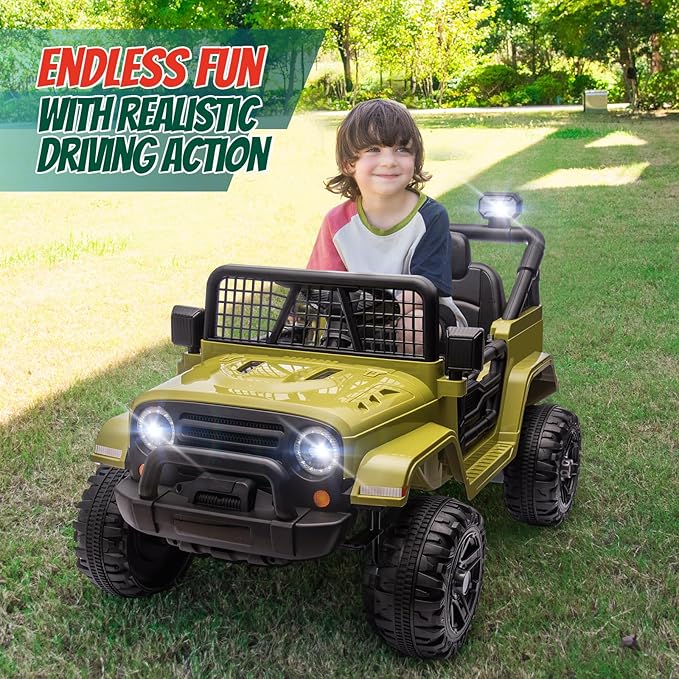 JOYMOR 12V Kids Ride on Truck with Remote Control, 4 Wheels Battery Powered Kids Car, Electric Play Car with LED Lights/Horn/Remote and Manual Control/3-5 MPH Speed/Gift for Girl Boy (Green)