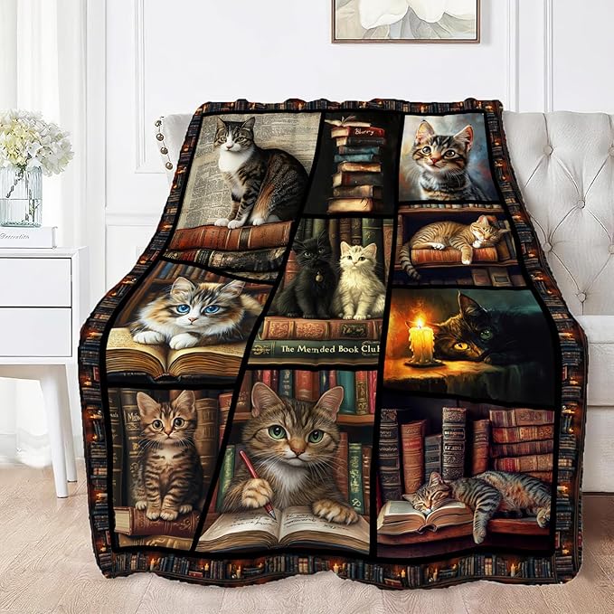 Book Lovers Throw Blanket Gift for Readers Soft Cat Lover Flannel Blanket Lightweight Cozy Blankets Gift for Women and Men Couch Sofa Bed 50" x 40"
