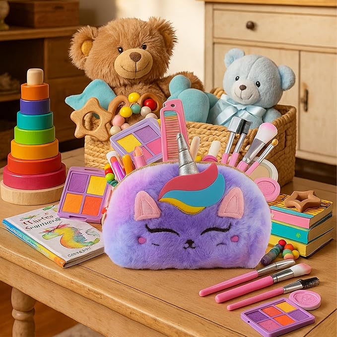 21 Pcs Kids Makeup Kit for Girls with Oversized Fluffy Unicorn Travel Makeup Organizer, Washable Pretend Cosmetic Play Set with Portable Vanity Makeup Bag, Princess Make Up Gifts for Girls Ages 3–12