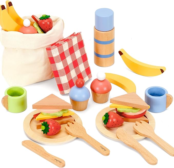 PairPear Wooden Play Food Set for Kids Kitchen, 32 Pcs Pretend Play Toys Picnic Playset with Shopping Bag, Toddler Cutting Food Toys Play Kitchen Accessories Gift for Girls Boys Age 3+