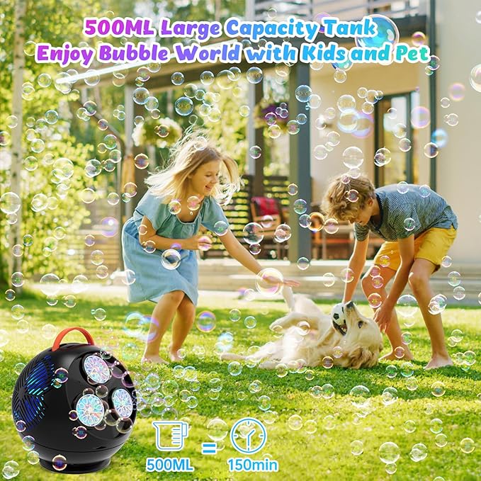 Bubble Machine for Kids Toddlers,45°/360° Auto Rotatable Spherical Bubble Maker Toy with LED Light,Rechargeable Bubble Blower for 3 4 5 Year Old,Wedding Party Easter Birthday Gifts (Spherical Black)