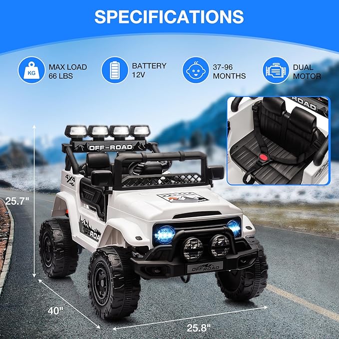 Ride On Truck Car 12V, Electric Vehicle w/Remote Control, 3 Speeds, LED Lights, Music, Spring Suspension, Ride on Car for Kids