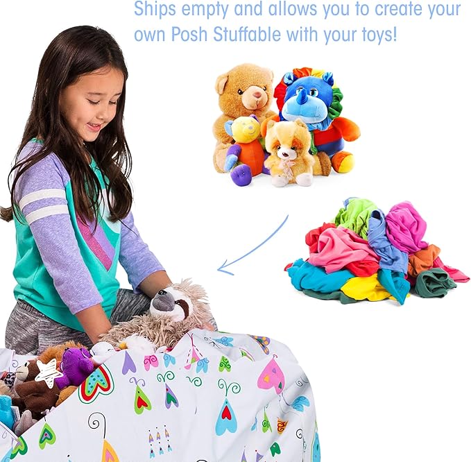 Posh Stuffable Kids Stuffed Animal Storage Bean Bag Chair Cover - Childrens Toy Organizer, Large-38 - Canvas Multi-Colored Hearts on White