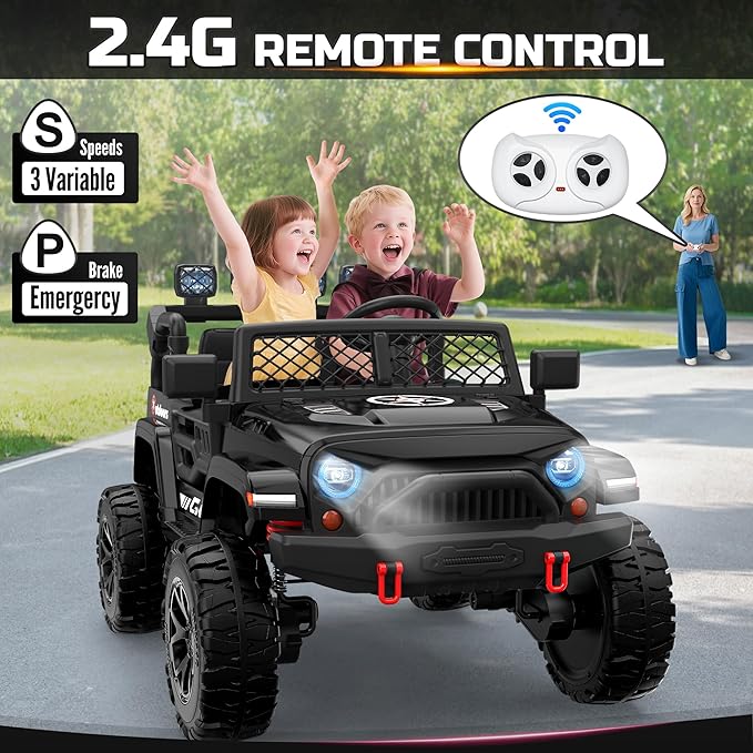 2 Seater Ride On Car for Kids, EVA Tires, 24V 4WD Electric Car w/Remote Control, Bluetooth, LED Lights, Ride On Truck for Boys and Girls Aged 3-8, Black
