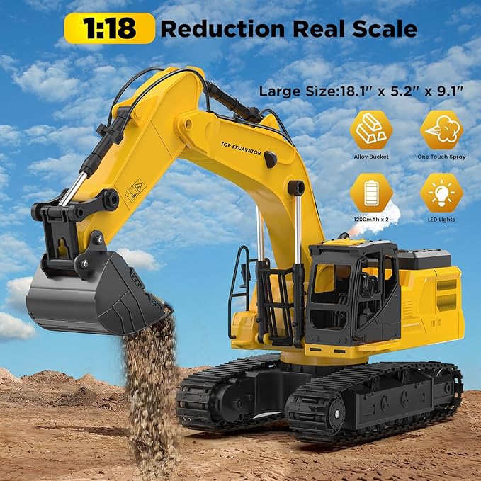 1:18 Metal RC Excavator Toy for Kids | 11-Channel Remote Control Construction Vehicle with Water Spray, Lights & Sounds, Dual 100-Min Batteries, 2025 New STEM Engineering Toy Gift for Boys Ages 6-12