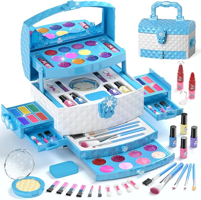 PERRYHOME Kids Makeup Set for Girl 56 Pcs Washable Real Cosmetic, Non-Toxic Frozen Toys Toddler Makeup Kit, Princess Dress up Christmas & Birthday Girl Gift for 3 4 5 6 7 8 9 10 11 12 Year Old Girls