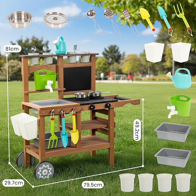 Kitchen Playset for Kids Ages 3-8, Wooden Pretend Play Kitchen for Toddlers, Including Telephone, Ice Maker, Refrigerator, Dimensions: 35” H x 31” W x 12” D (Brown)