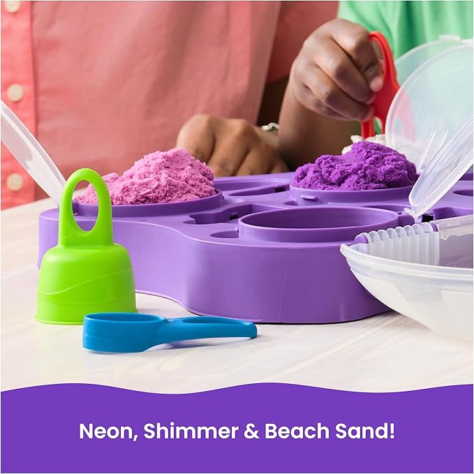 Kinetic Sand, Variety Case with 2lbs Play Sand (Beach, Neon & Shimmer) & 5 Tools, Reusable Storage, Sensory Toys for Kids Ages 3 and up