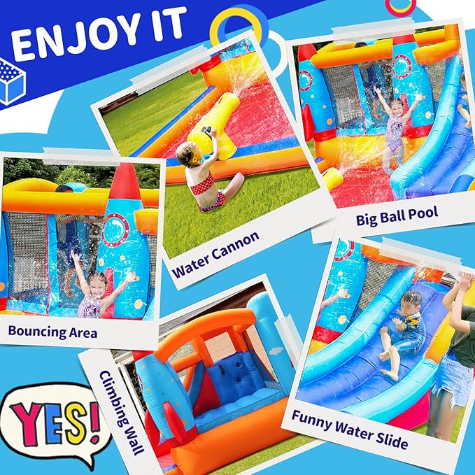 Inflatable Water Slide - Bounce House for Kids,Bouncy Castle for Kids Outdoor,Water Bounce House with Slide,Inflatable Water Park,Rocket Bounce House with Blower
