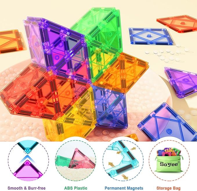 Soyee 102PCS Magnetic Tiles Building Blocks Stem Toys for 3+ Year Old Boys and Girls Montessori Toys Toddler Kids Gifts Parents Approved Sensory Toys