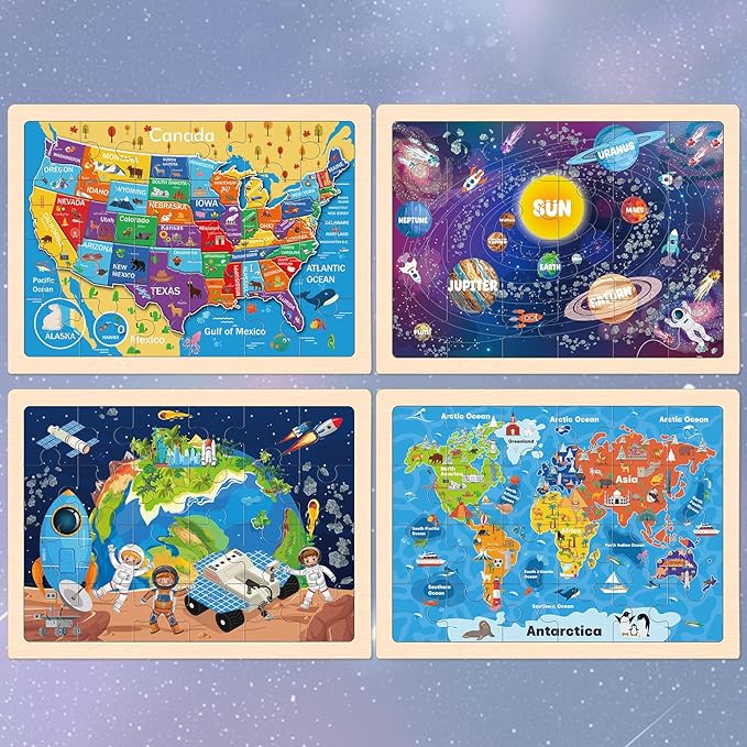 Puzzles for Kids Ages 4-6, 4 Packs 24 Pcs Wooden Jigsaw Puzzles for Toddlers Ages 2-4, Preschool Educational Map Puzzle Toys Gifts for 3 4 5 6 Boys Girls
