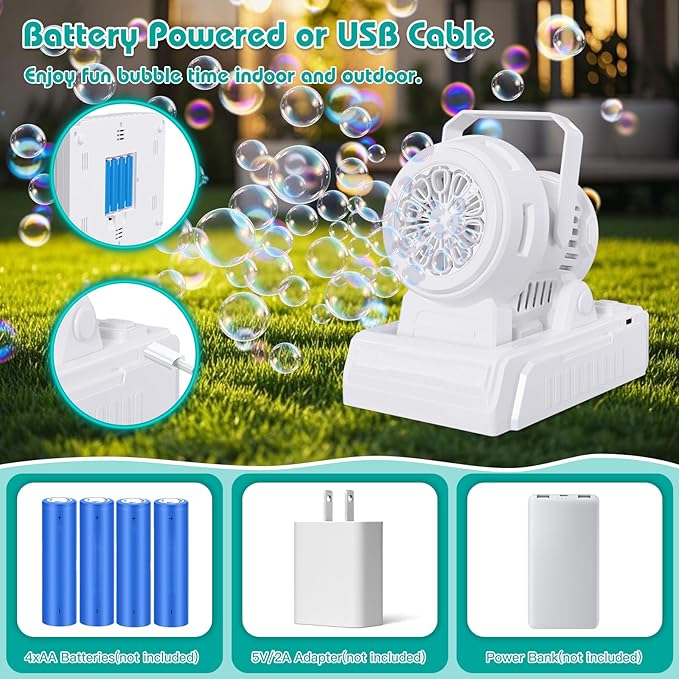 Panamalar Bubble Machine Adjustable Angle, 10 Big Holes Automatic Bubble Blower for Kids 20000+ Big Bubbles with Solution/Lights, Portable Outdoor Bubble Maker Toys for Garden Party Wedding-White