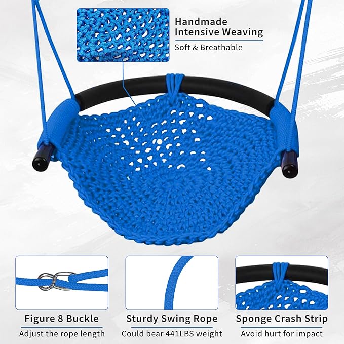 Hi-Na Kids Swing for Swing Set, Heavy Duty Rope Swings with Snap Hooks and Straps, 440LBS Capacity, Toddler Swing Seat for Indoor Porch, Outdoor Playground, Tree, Blue