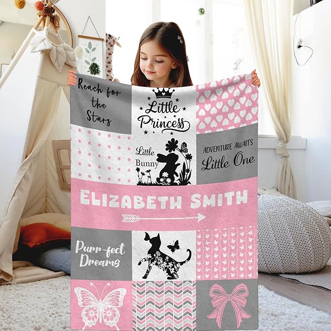 Custom Baby Girl Blanket with Name Personalized Soft Throw Blanket Gift for Newborn, Toddler, Teens to Adult for Birthday, Baby Shower, Christmas (A-design01)